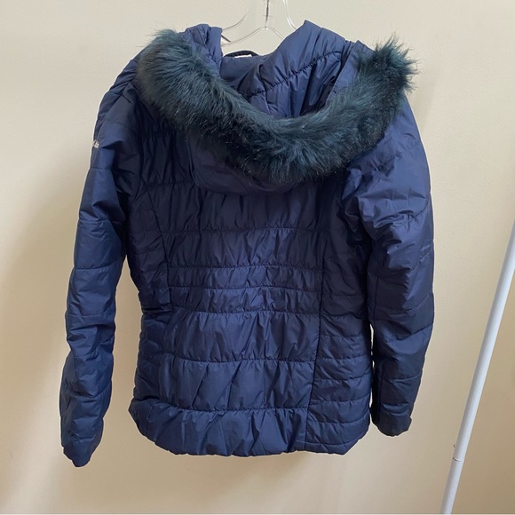 Columbia Thermal Coil insulated winter puffer jacket navy fur-lined hood Sz M - Picture 2 of 8